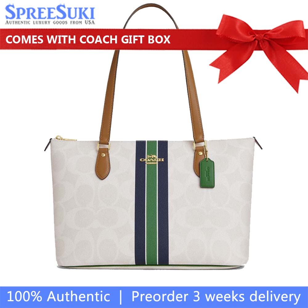 Coach Gallery Tote Bag In Signature Canvas With Stripe Print Chalk Multi # CBM18