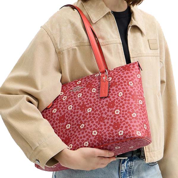 Coach Gallery Tote Bag With Floral Print Silver Pink Multi # CBM19