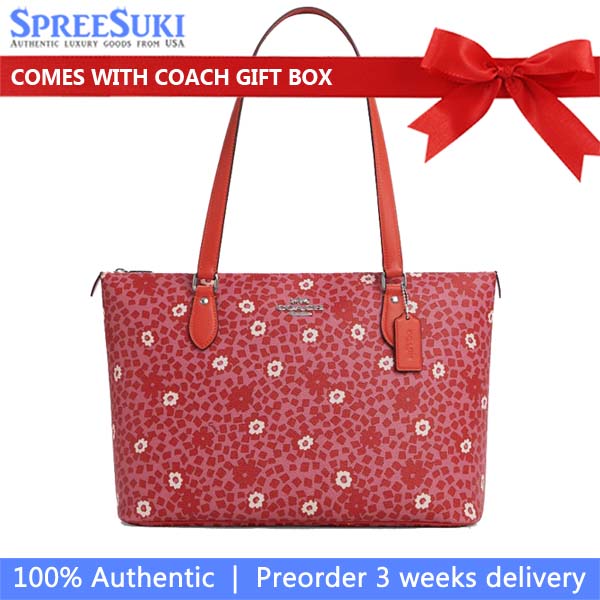 Coach Gallery Tote Bag With Floral Print Silver Pink Multi # CBM19