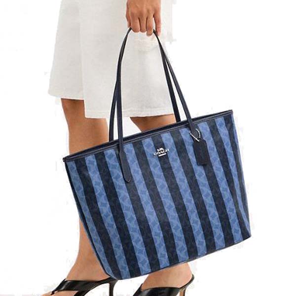 Coach Large City Tote Bag In Signature Canvas With Stripe Silver Denim Midnight Navy # CBI03
