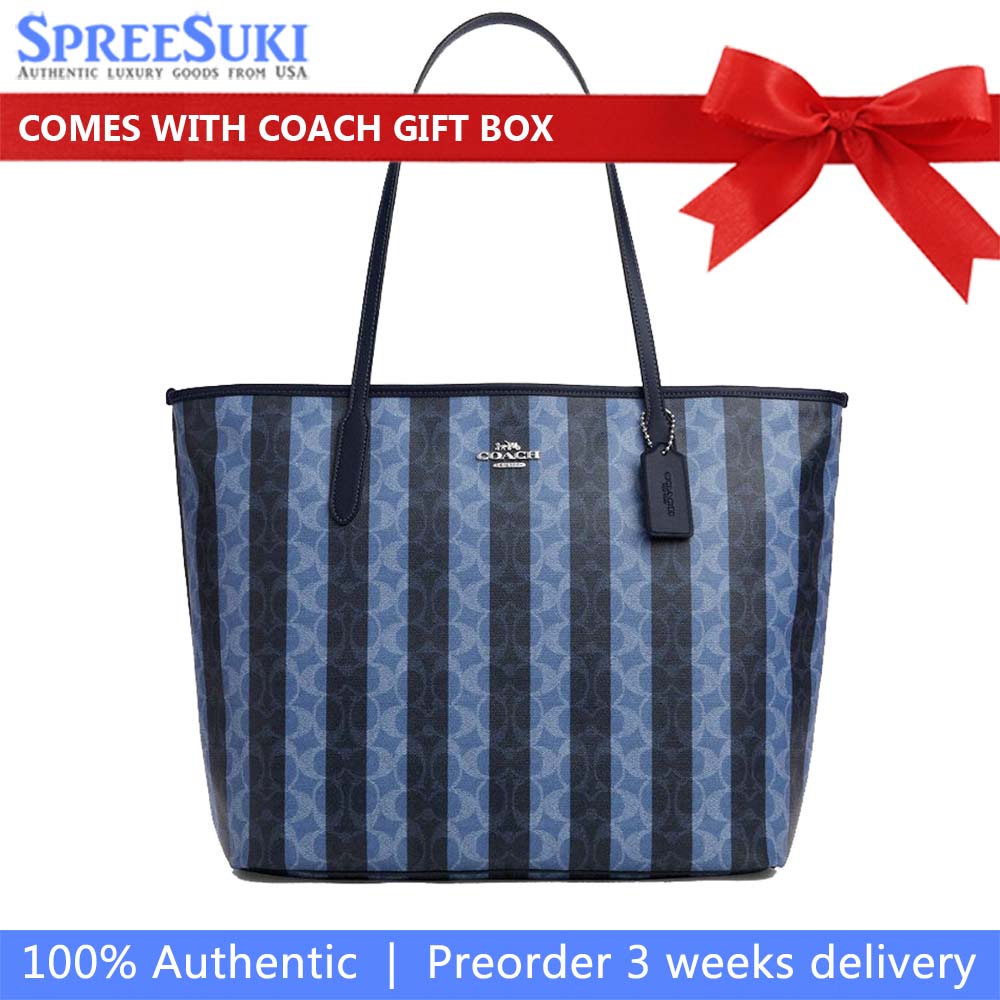 Coach Large City Tote Bag In Signature Canvas With Stripe Silver Denim Midnight Navy # CBI03
