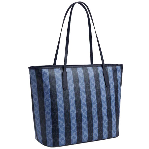 Coach Large City Tote Bag In Signature Canvas With Stripe Silver Denim Midnight Navy # CBI03