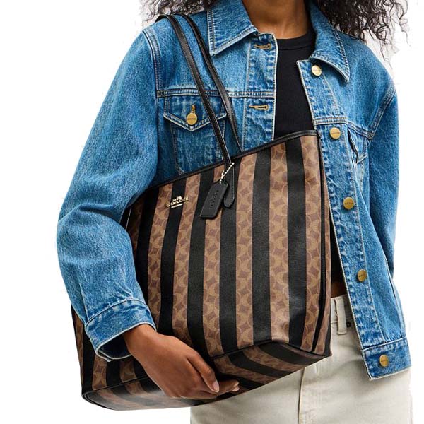 Coach Large City Tote Bag In Signature Canvas With Stripe Walnut Tan # CBI03