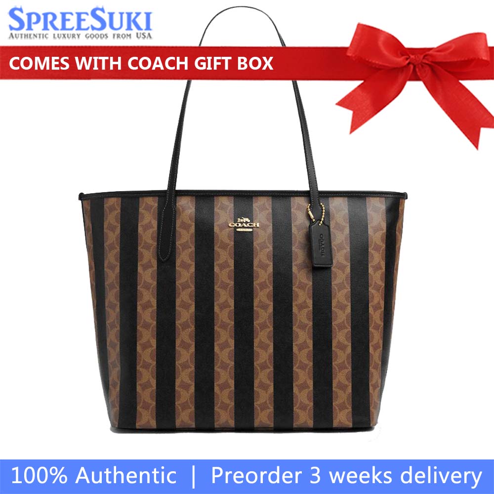 Coach Large City Tote Bag In Signature Canvas With Stripe Walnut Tan # CBI03