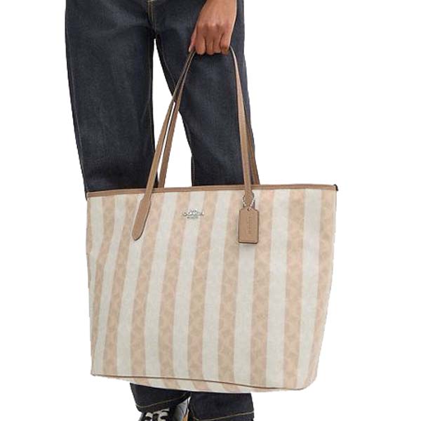Coach Large City Tote Bag In Signature Canvas With Stripe Silver Sand Tan # CBI03