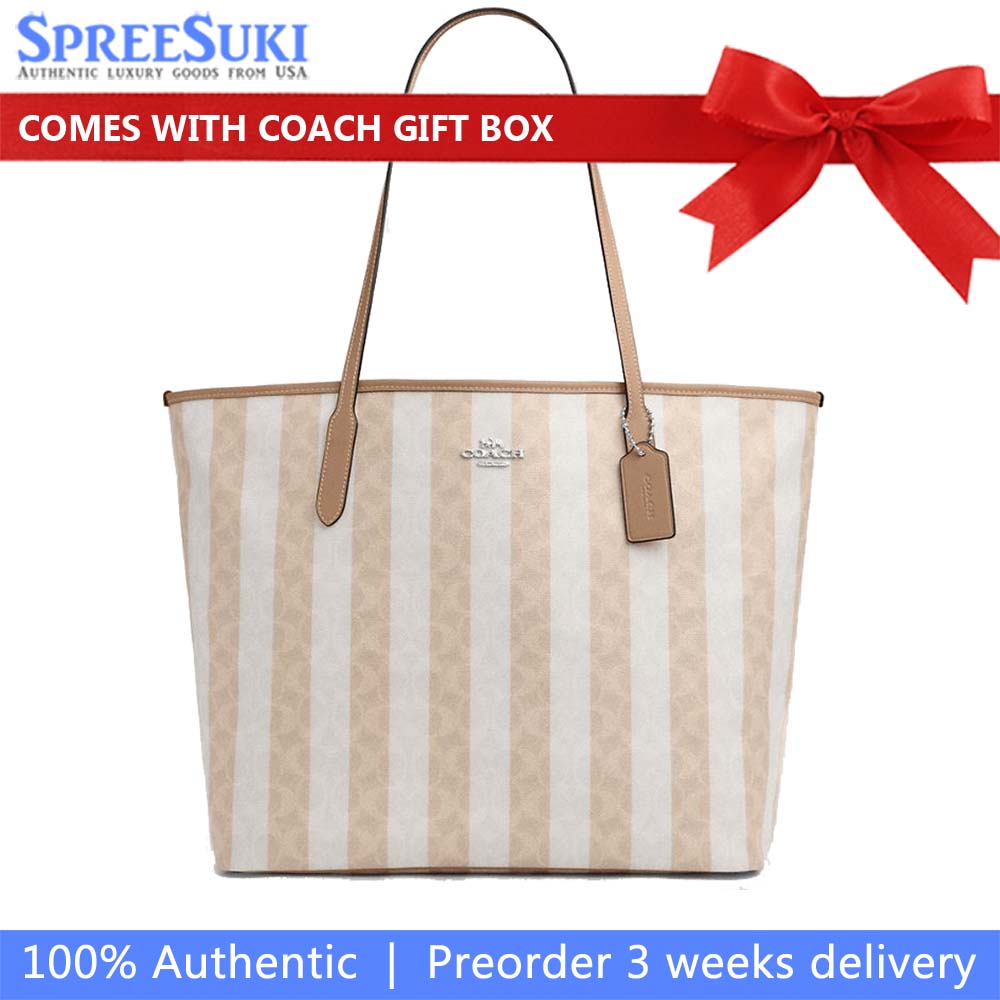 Coach Large City Tote Bag In Signature Canvas With Stripe Silver Sand Tan # CBI03