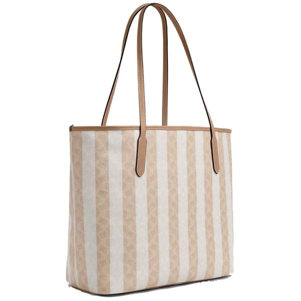 Coach Large City Tote Bag In Signature Canvas With Stripe Silver Sand Tan # CBI03