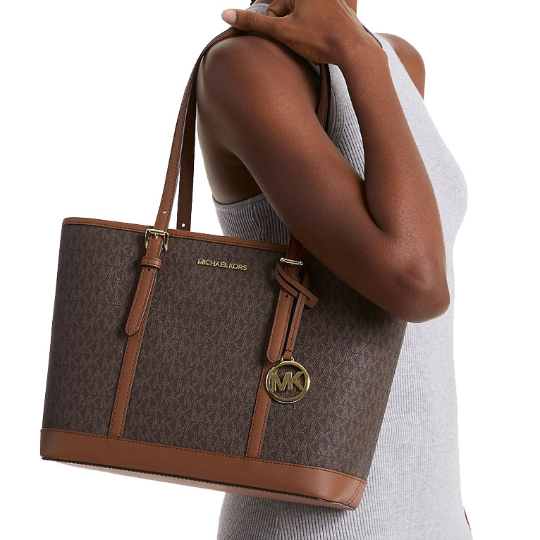 Michael Kors Tote With Gift Bag Jet Set Travel Small Zip Top Tote Shoulder Bag Signature Brown # 35S0GTVT1V