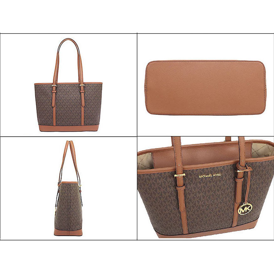Michael Kors Tote With Gift Bag Jet Set Travel Small Zip Top Tote Shoulder Bag Signature Brown # 35S0GTVT1V
