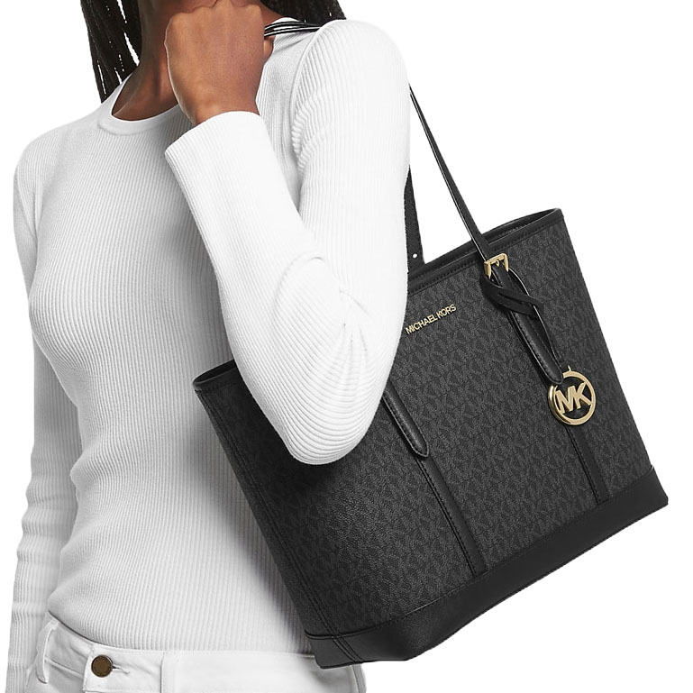 Michael Kors Tote With Gift Bag Jet Set Travel Small Zip Top Tote Shoulder Bag Signature Black # 35S0GTVT1V