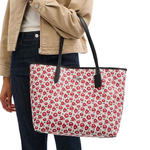 Coach City Tote Bag With Floral Print Silver Chalk Black Multi # CBI50