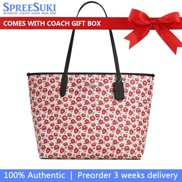 Coach City Tote Bag With Floral Print Silver Chalk Black Multi # CBI50