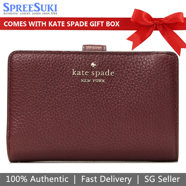 Kate Spade Medium Wallet Leila Pebbled Leather Medium Compact Bifold Wallet Cherrywood Dark Purple Red # WLR00394