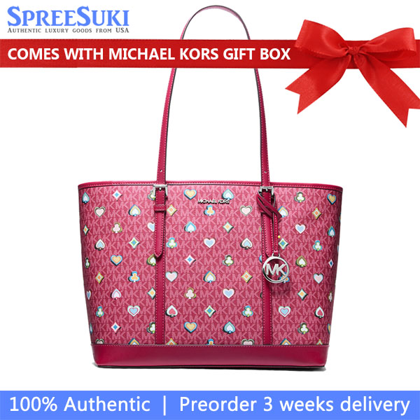 Michael Kors Jet Set Large Printed Signature Logo Tote Bag Dk Raspberry # 35F5STVT3U