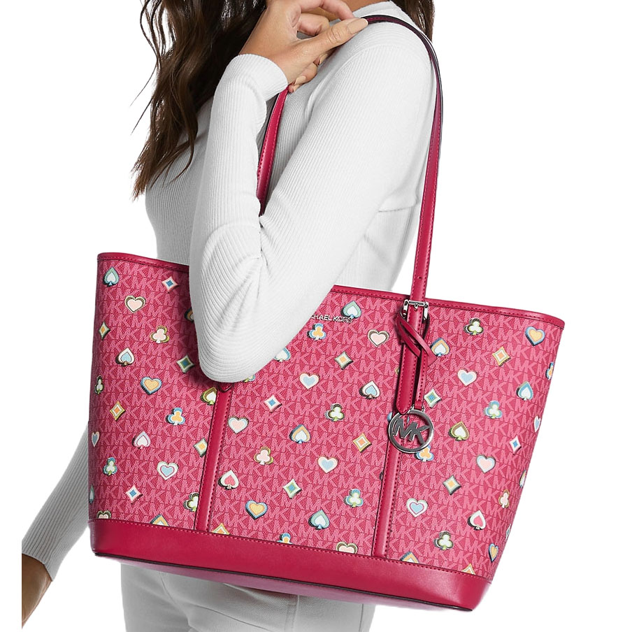 Michael Kors Jet Set Large Printed Signature Logo Tote Bag Dk Raspberry # 35F5STVT3U