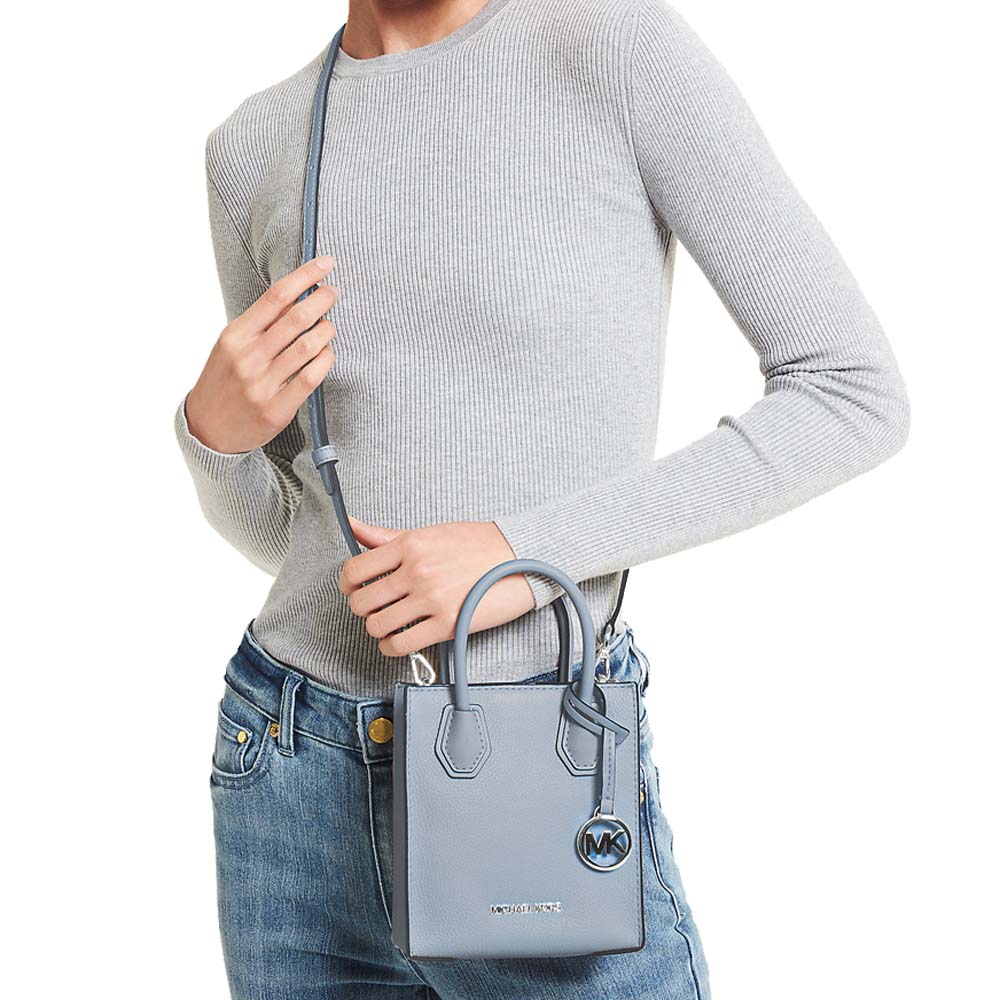 Michael Kors Mercer Extra-Small Pebbled Leather Crossbody Bag Pale Blue # 35H1SM9C0L