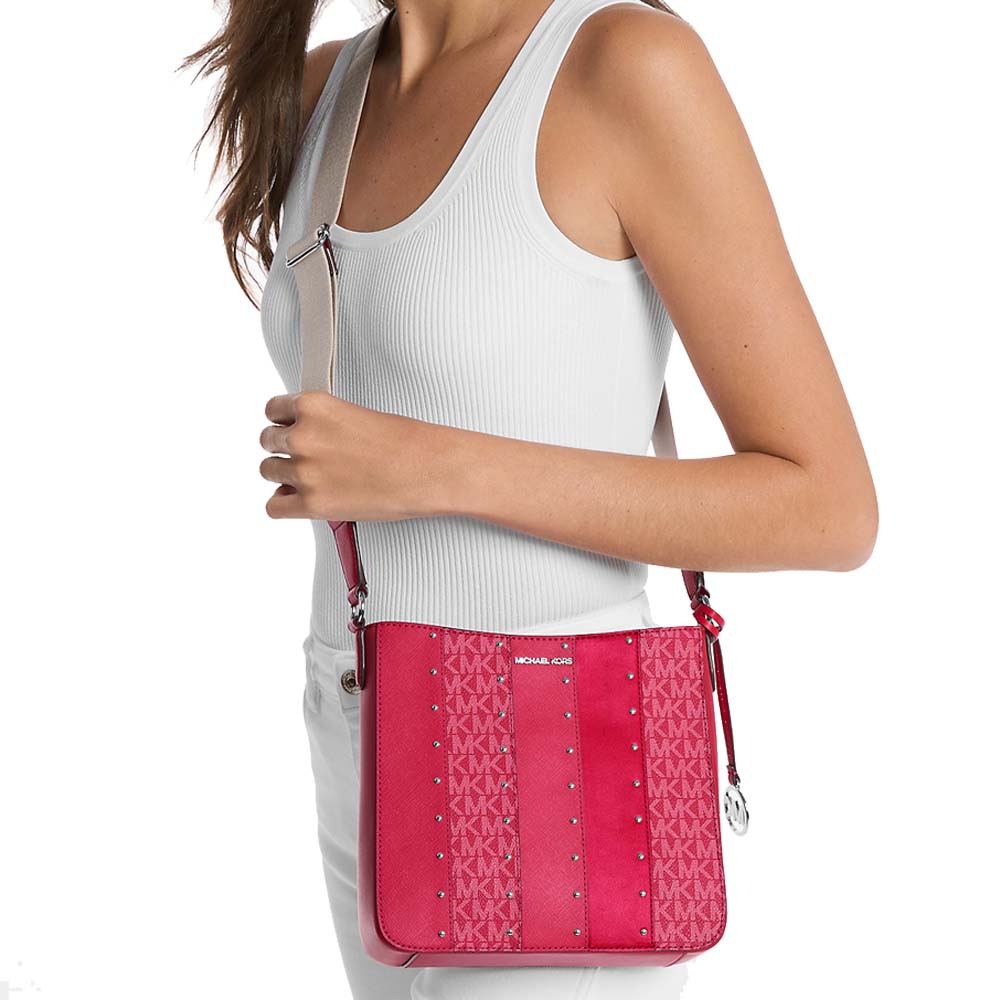 Michael Kors Jet Set Small Studded Patchwork And Signature Logo Crossbody Dark Raspberry Multi # 35T5STVC1B