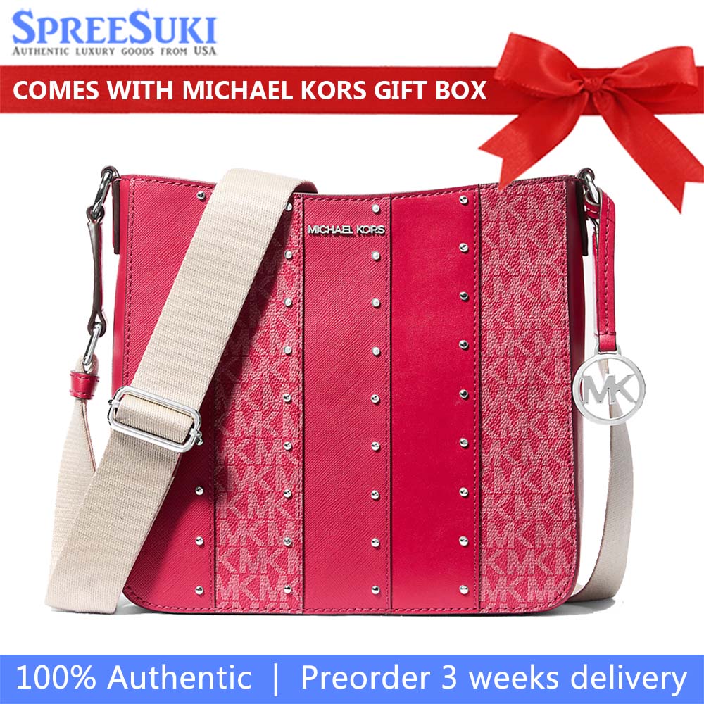 Michael Kors Jet Set Small Studded Patchwork And Signature Logo Crossbody Dark Raspberry Multi # 35T5STVC1B