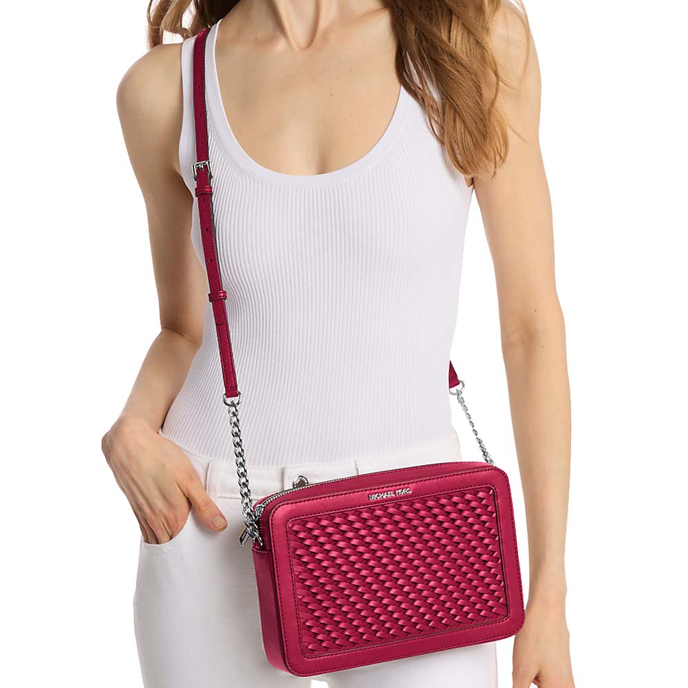 Michael Kors Jet Set Large Woven Crossbody Bag Dark Raspberry # 35T5STTC3Y