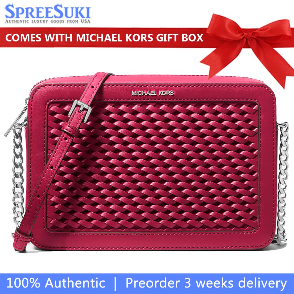 Michael Kors Jet Set Large Woven Crossbody Bag Dark Raspberry # 35T5STTC3Y