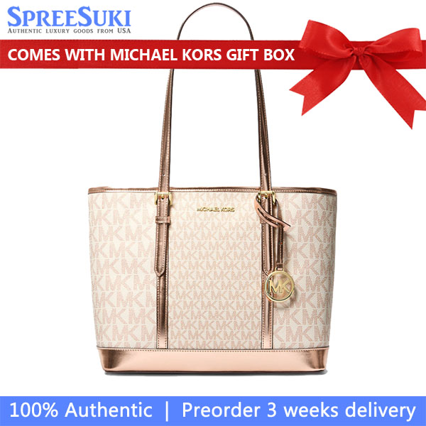 Michael Kors Jet Set Travenuel Small Metallic Logo Top-Zip Tote Bag Rose Gold # 35F4GTVT1M