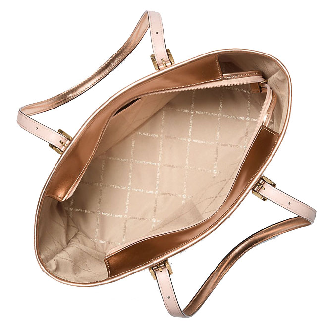 Michael Kors Jet Set Travenuel Small Metallic Logo Top-Zip Tote Bag Rose Gold # 35F4GTVT1M