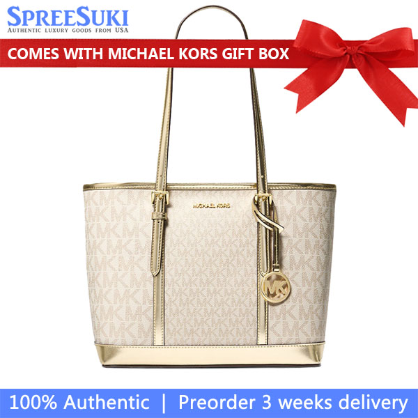 Michael Kors Jet Set Travenuel Small Metallic Logo Top-Zip Tote Bag Pale Gold # 35F4GTVT1M