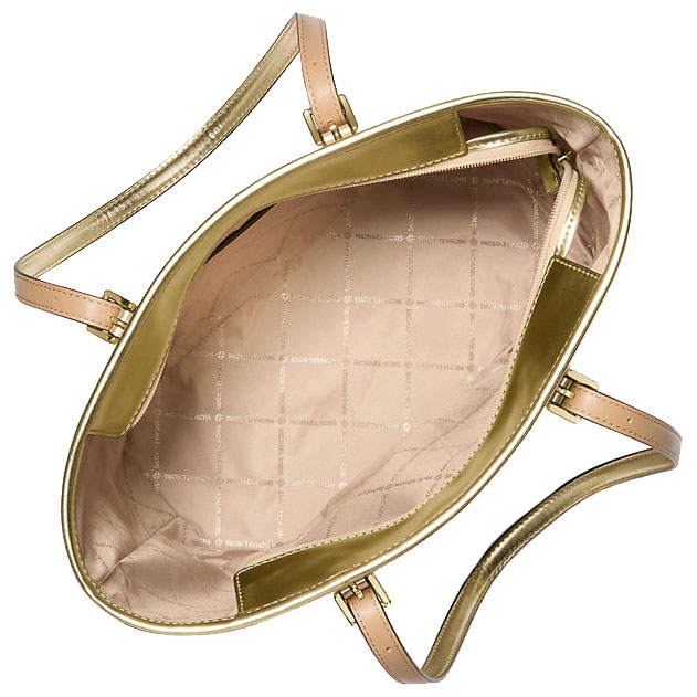 Michael Kors Jet Set Travenuel Small Metallic Logo Top-Zip Tote Bag Pale Gold # 35F4GTVT1M