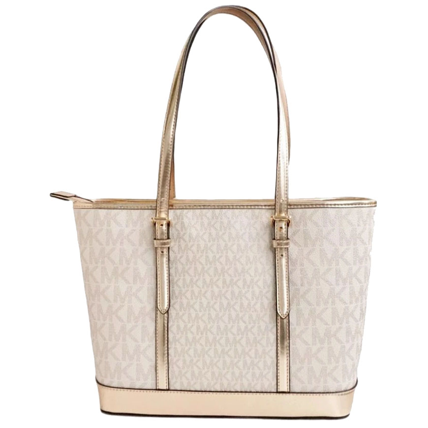 Michael Kors Jet Set Travenuel Small Metallic Logo Top-Zip Tote Bag Pale Gold # 35F4GTVT1M