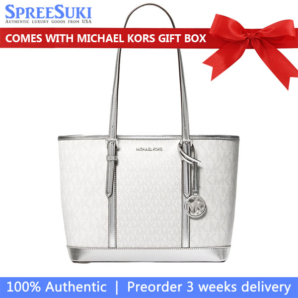 Michael Kors Jet Set Travenuel Small Metallic Logo Top-Zip Tote Bag Silver # 35F4STVT1M