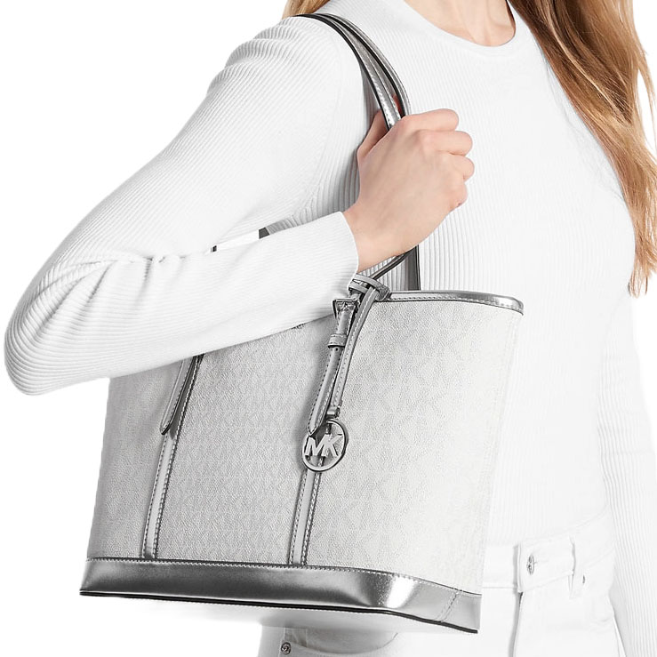 Michael Kors Jet Set Travenuel Small Metallic Logo Top-Zip Tote Bag Silver # 35F4STVT1M