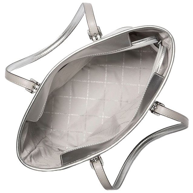 Michael Kors Jet Set Travenuel Small Metallic Logo Top-Zip Tote Bag Silver # 35F4STVT1M