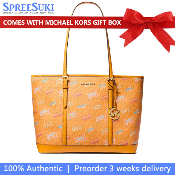 Michael Kors Jet Set Large Printed Signature Logo Tote Bag Pop Orange # 35T5GTVL9V