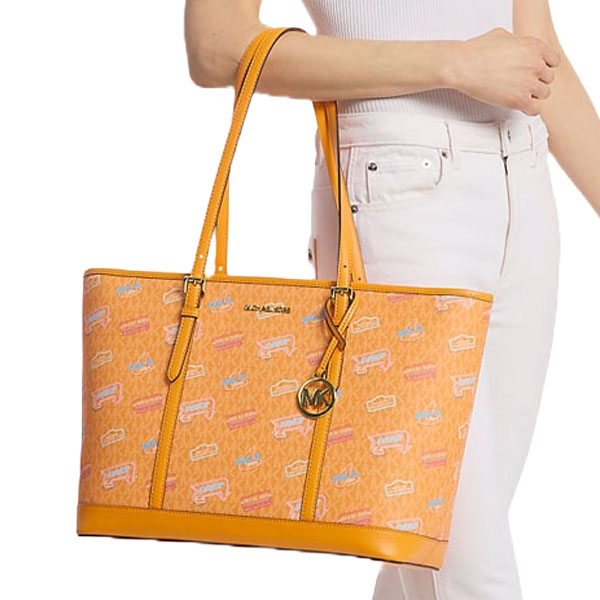 Michael Kors Jet Set Large Printed Signature Logo Tote Bag Pop Orange # 35T5GTVL9V