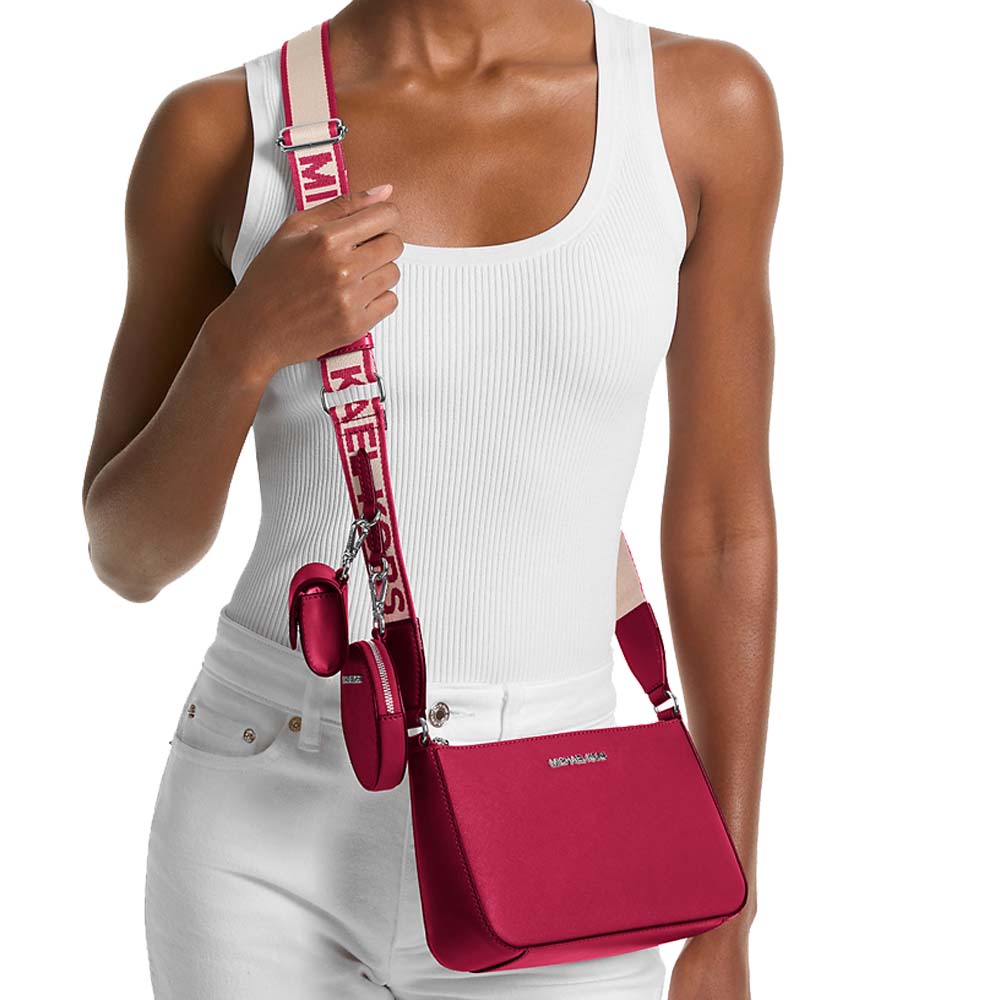 Michael Kors Jet Set Small Saffiano Leather Crossbody Bag With Case For Apple Airpods Pro Dark Raspberry # 35H3STVC5L