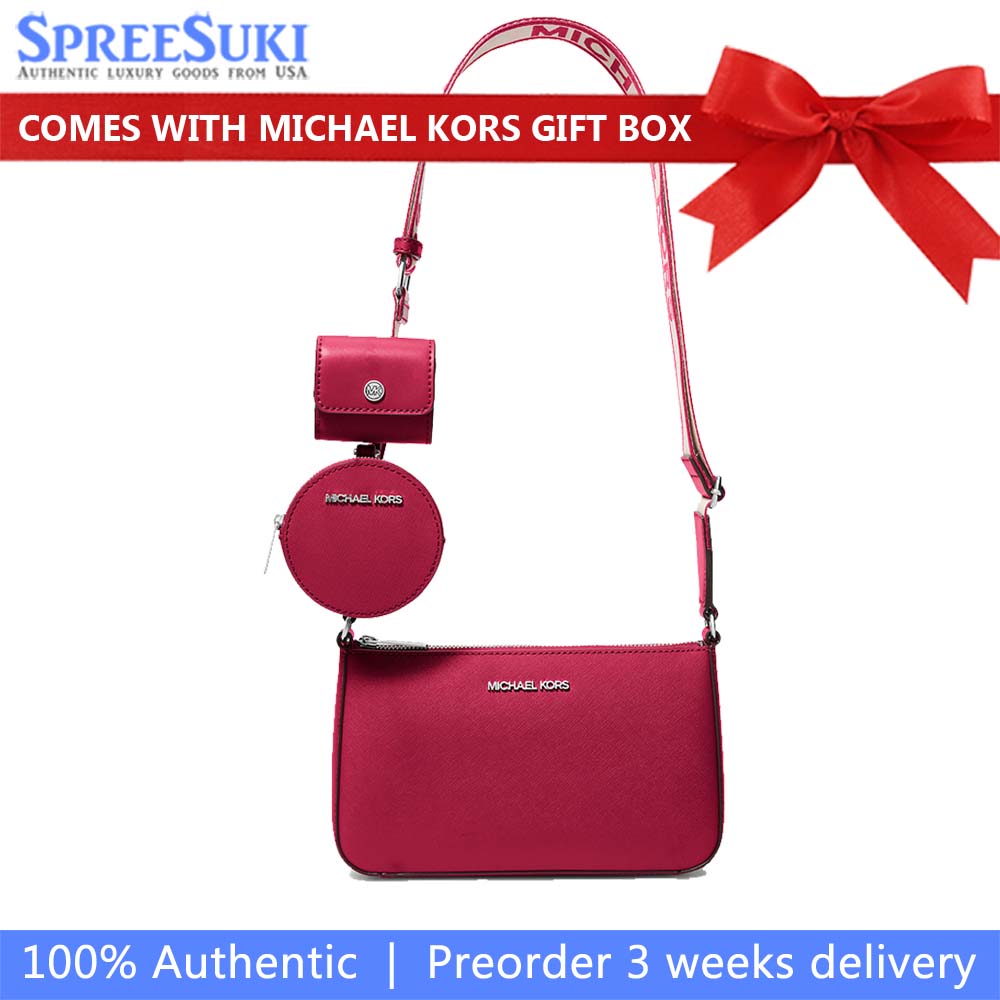 Michael Kors Jet Set Small Saffiano Leather Crossbody Bag With Case For Apple Airpods Pro Dark Raspberry # 35H3STVC5L