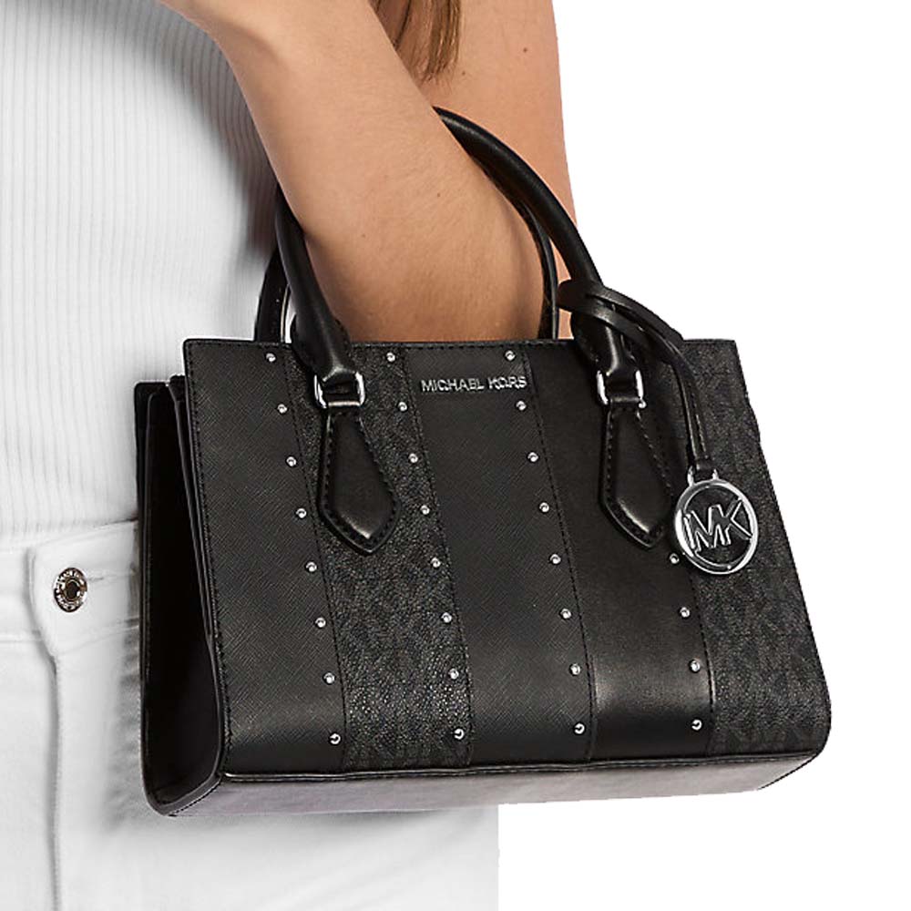 Michael Kors Sheila Small Studded Patchwork And Signature Logo Satchel Black Combo # 35T5S6HS5B