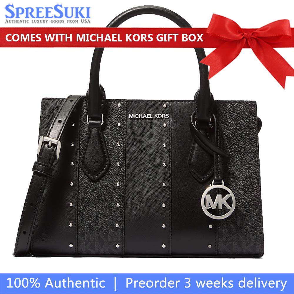 Michael Kors Sheila Small Studded Patchwork And Signature Logo Satchel Black Combo # 35T5S6HS5B