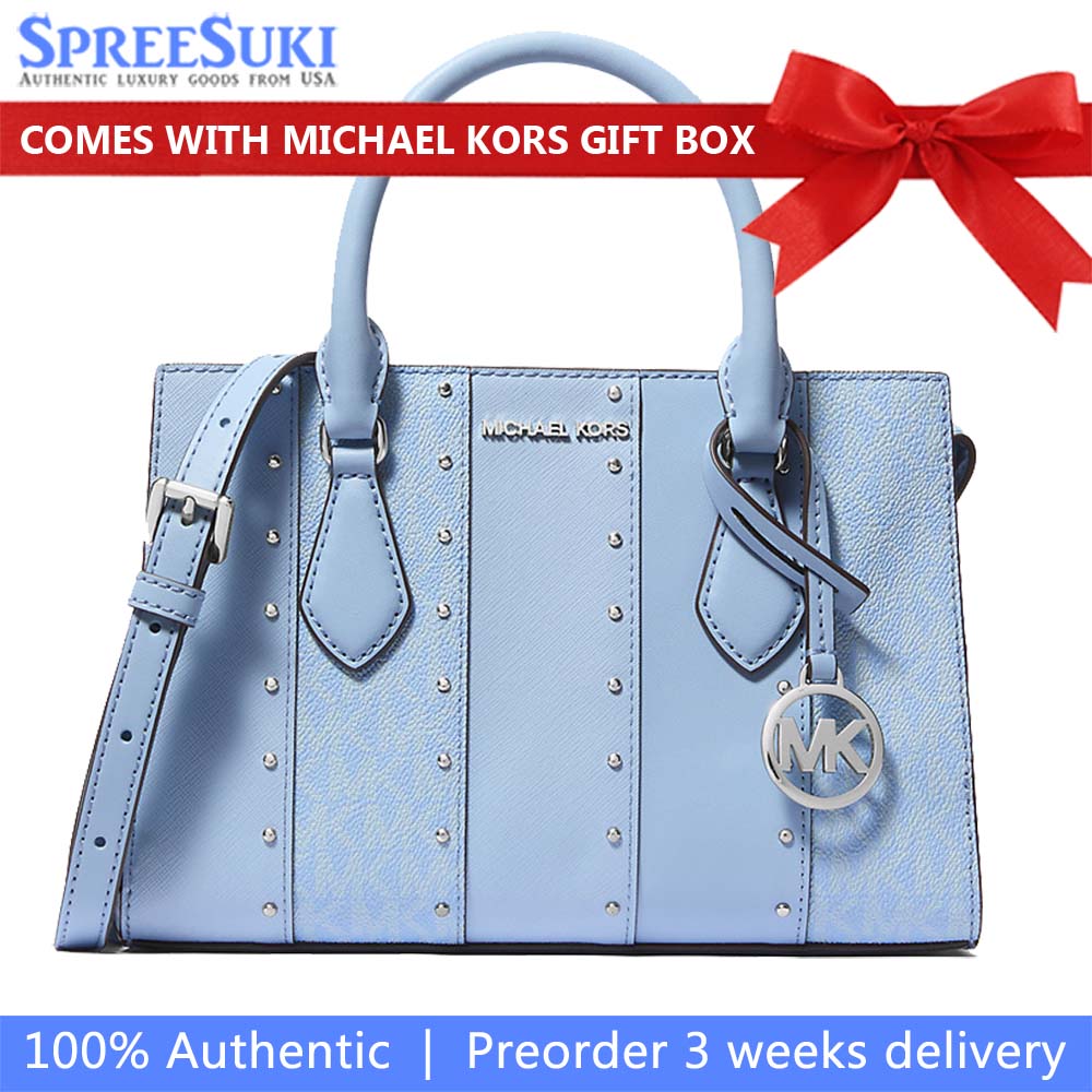 Michael Kors Sheila Small Studded Patchwork And Signature Logo Satchel Light Sky Multi # 35T5S6HS5B