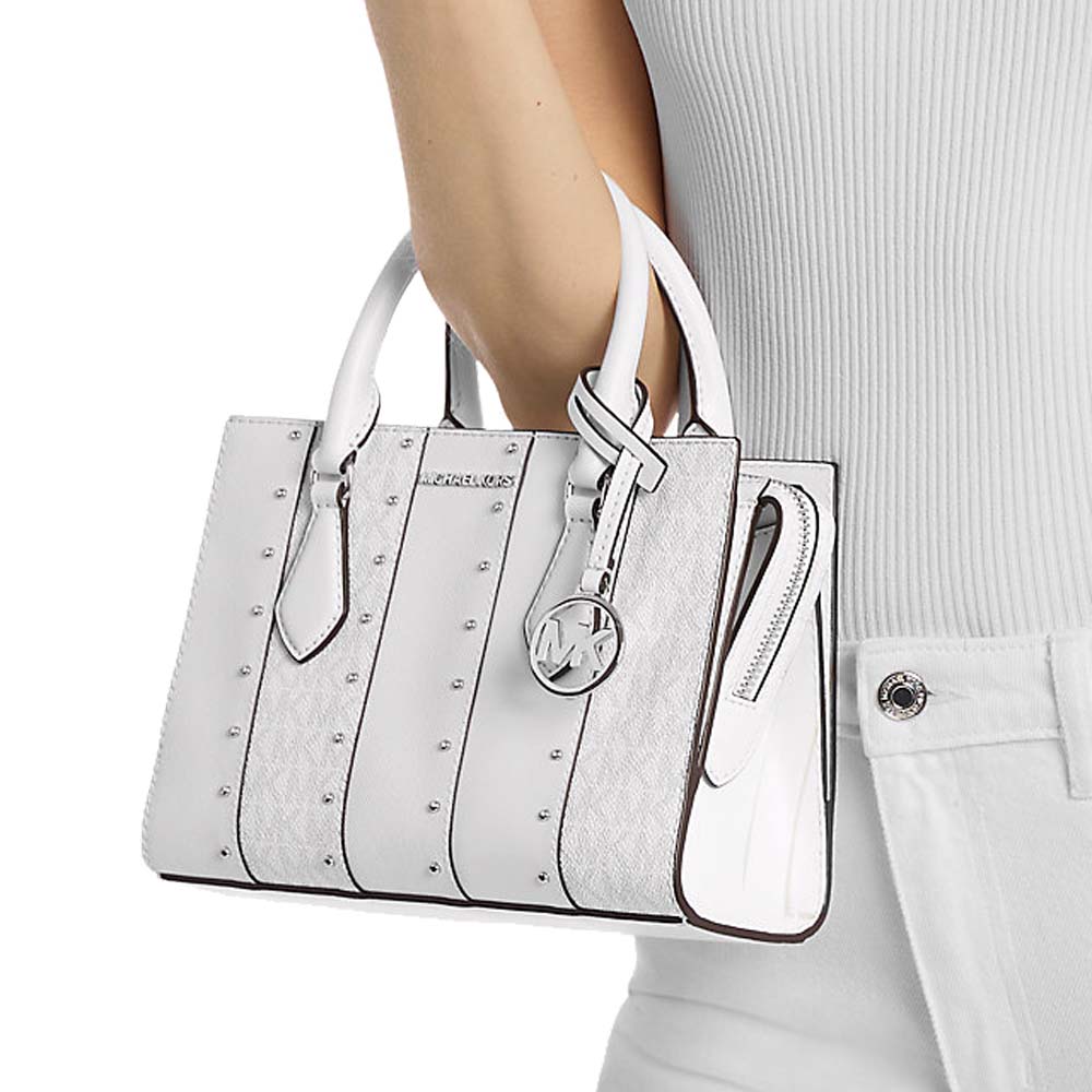 Michael Kors Sheila Small Studded Patchwork And Signature Logo Satchel Optic White Multi # 35T5S6HS5B