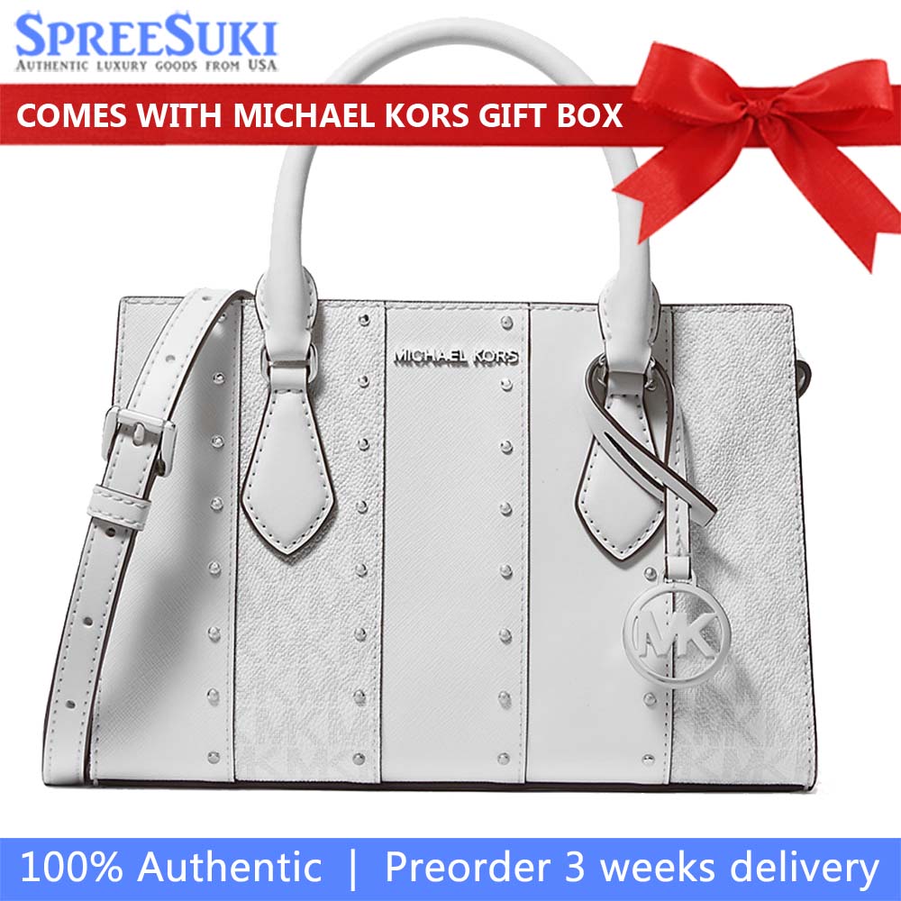 Michael Kors Sheila Small Studded Patchwork And Signature Logo Satchel Optic White Multi # 35T5S6HS5B