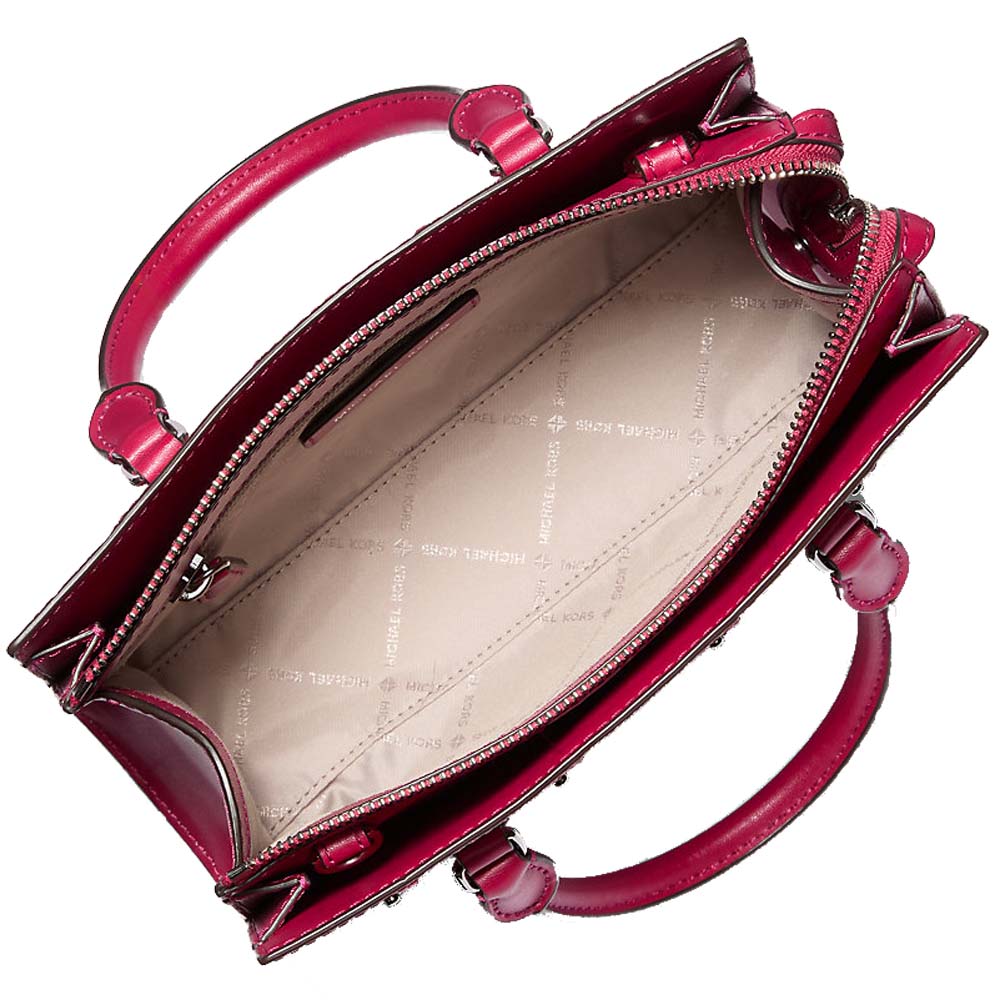 Michael Kors Sheila Small Studded Patchwork And Signature Logo Satchel Dark Raspberry Multi # 35T5S6HS5B