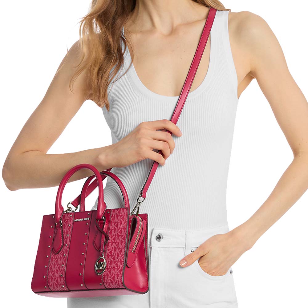 Michael Kors Sheila Small Studded Patchwork And Signature Logo Satchel Dark Raspberry Multi # 35T5S6HS5B