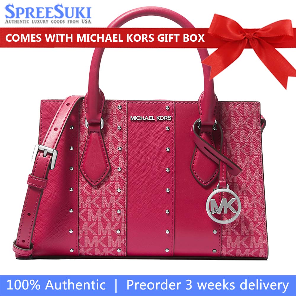 Michael Kors Sheila Small Studded Patchwork And Signature Logo Satchel Dark Raspberry Multi # 35T5S6HS5B