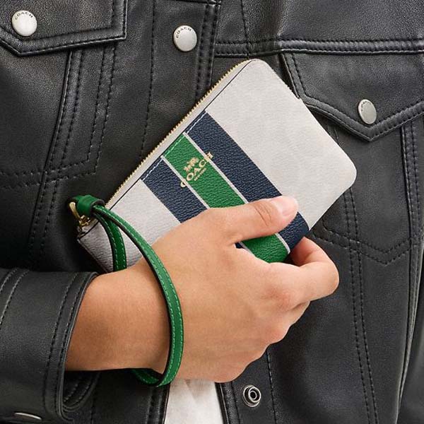 Coach Corner Zip Wristlet In Signature Canvas With Varsity Stripe Chalk Kelly Multi # CBP19