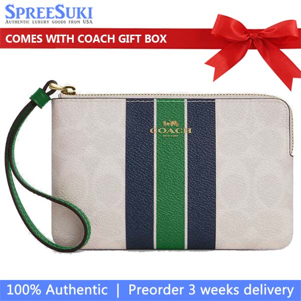Coach Corner Zip Wristlet In Signature Canvas With Varsity Stripe Chalk Kelly Multi # CBP19