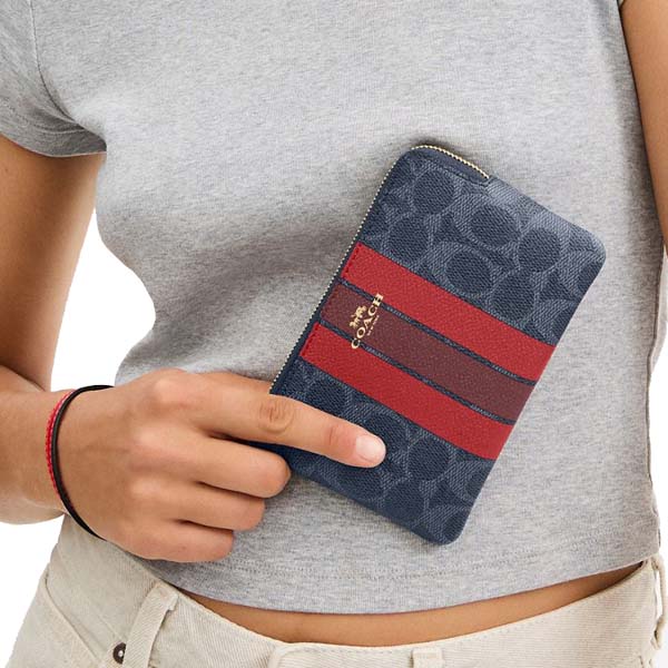 Coach Corner Zip Wristlet In Signature Canvas With Varsity Stripe Denim Bold Red # CBP19