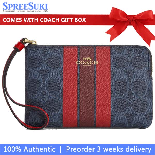 Coach Corner Zip Wristlet In Signature Canvas With Varsity Stripe Denim Bold Red # CBP19