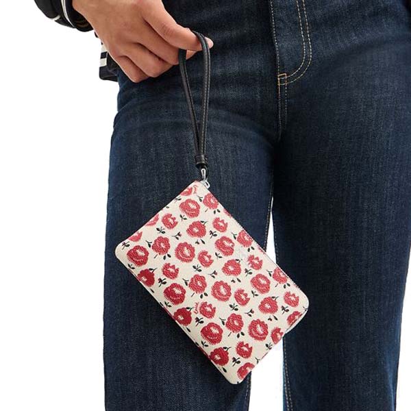 Coach Corner Zip Wristlet With Floral Print Silver Chalk Black Multi # CBP21