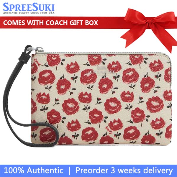 Coach Corner Zip Wristlet With Floral Print Silver Chalk Black Multi # CBP21